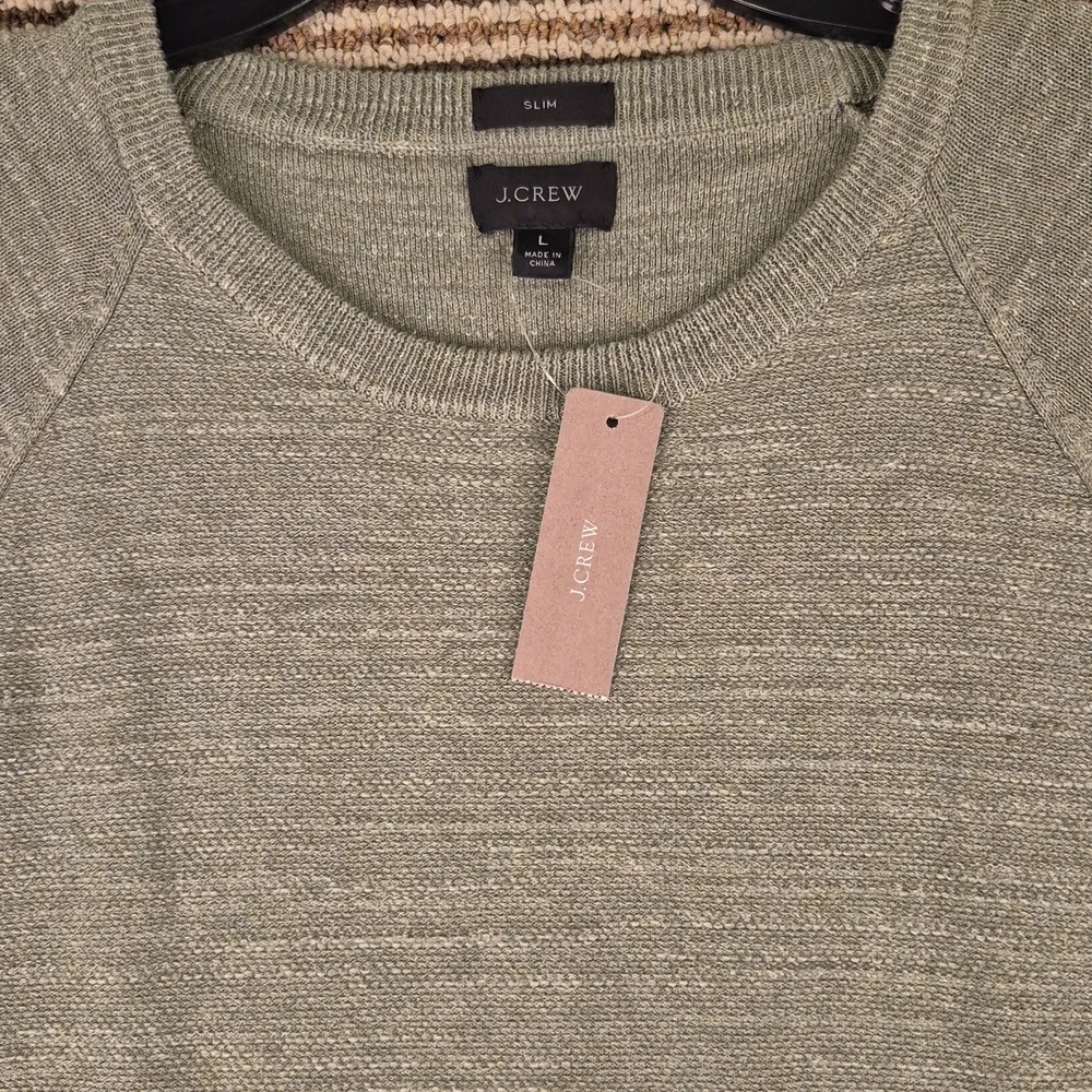 J CREW Green Weave Cotton Knit Mens Large Slim Crewneck Sweater C8445 NEW‎